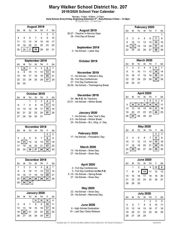 2019/2020 School Year Calendar 